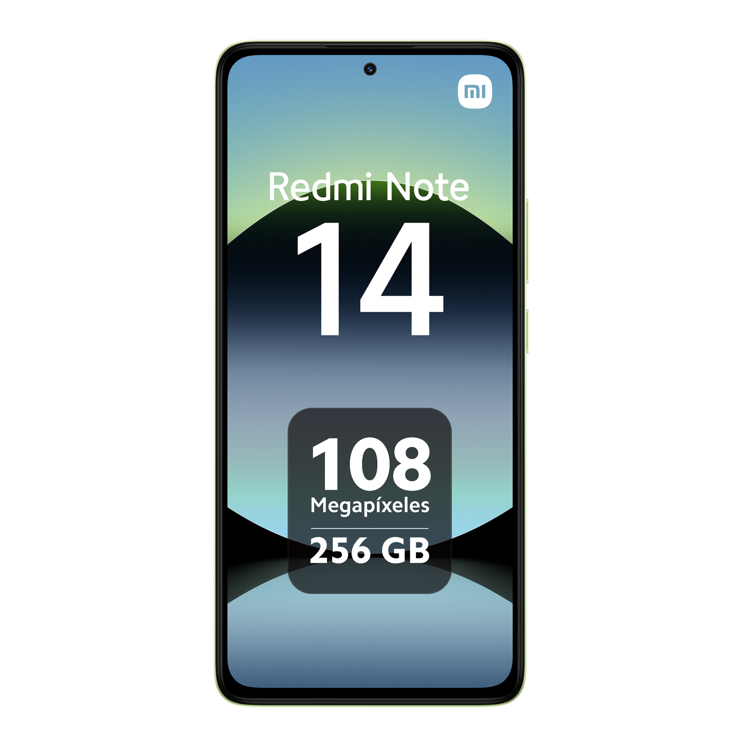 Un teléfono negro Xiaomi Redmi Note 14 se muestra sobre un fondo negro con información del producto.