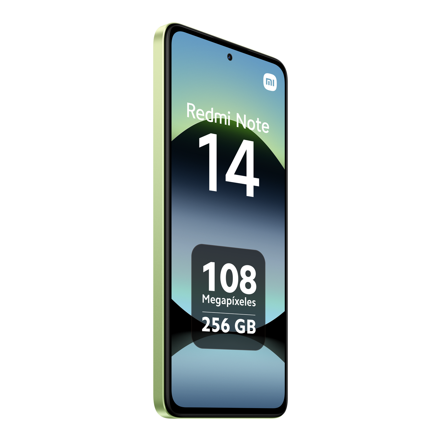 Teléfono verde con pantalla que muestra 'Redmi Note 14'.