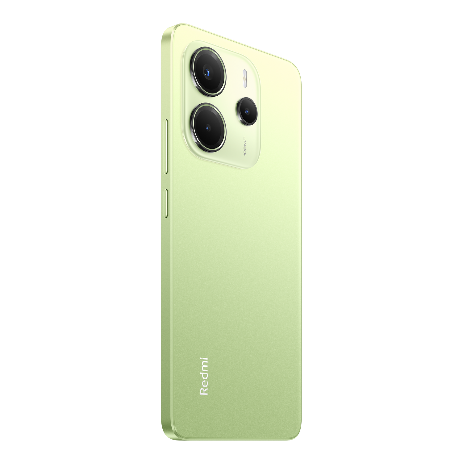 Teléfono Redmi verde claro, vista trasera. Cuenta con lentes de cámara y el logotipo de Redmi.