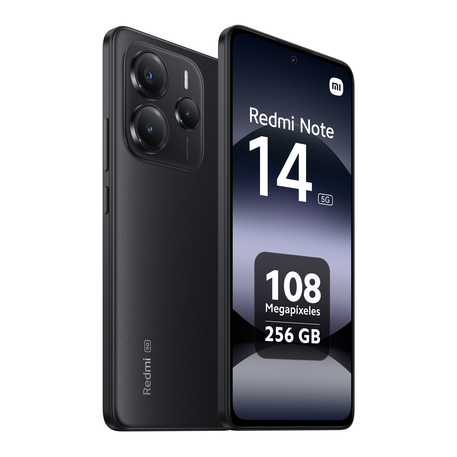 Smartphone negro, dos ángulos, con la pantalla que muestra el nombre del modelo y las especificaciones del teléfono.