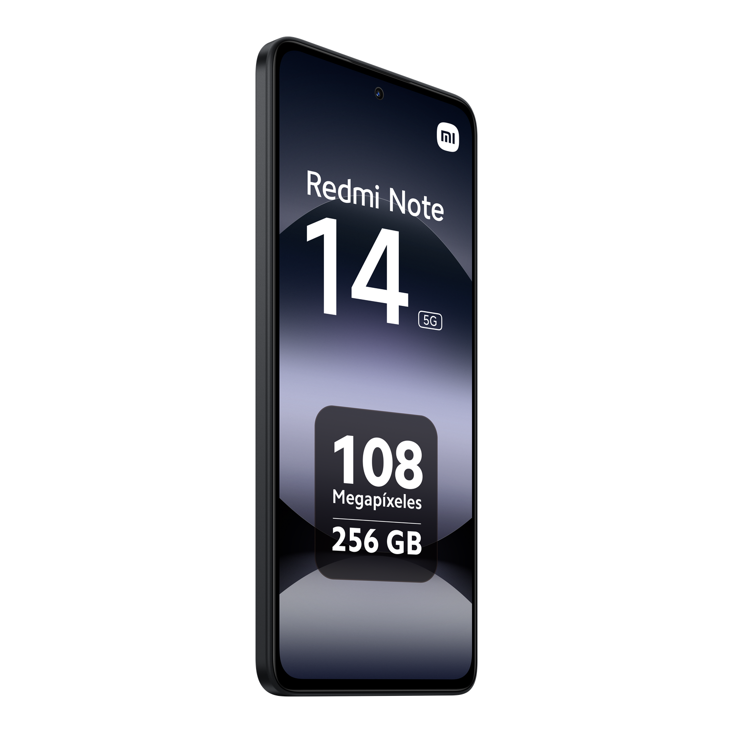 Smartphone negro que muestra Redmi Note 14, 5G, 108 megapíxeles y 256 GB de almacenamiento.