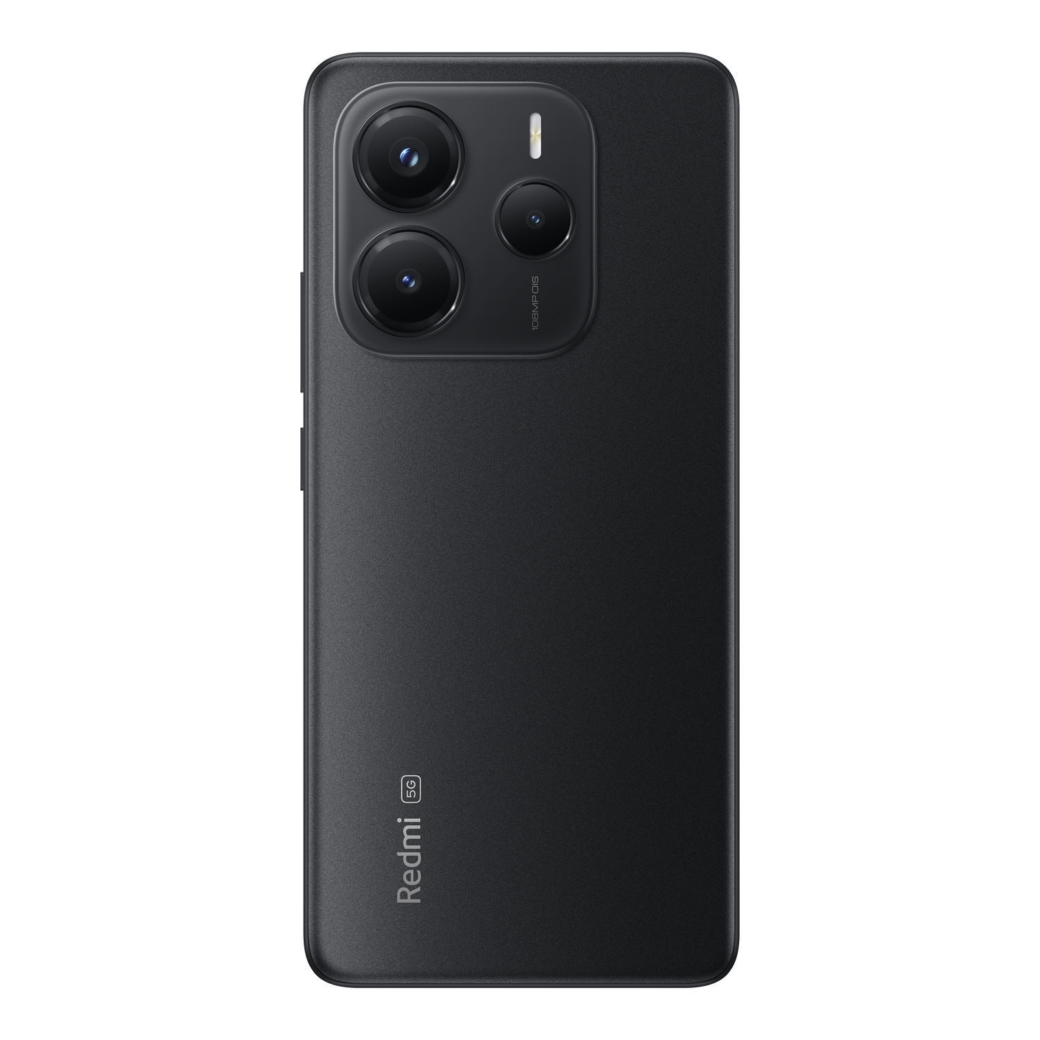 La parte trasera de un teléfono Redmi 5G negro con tres cámaras y el logotipo de Redmi.