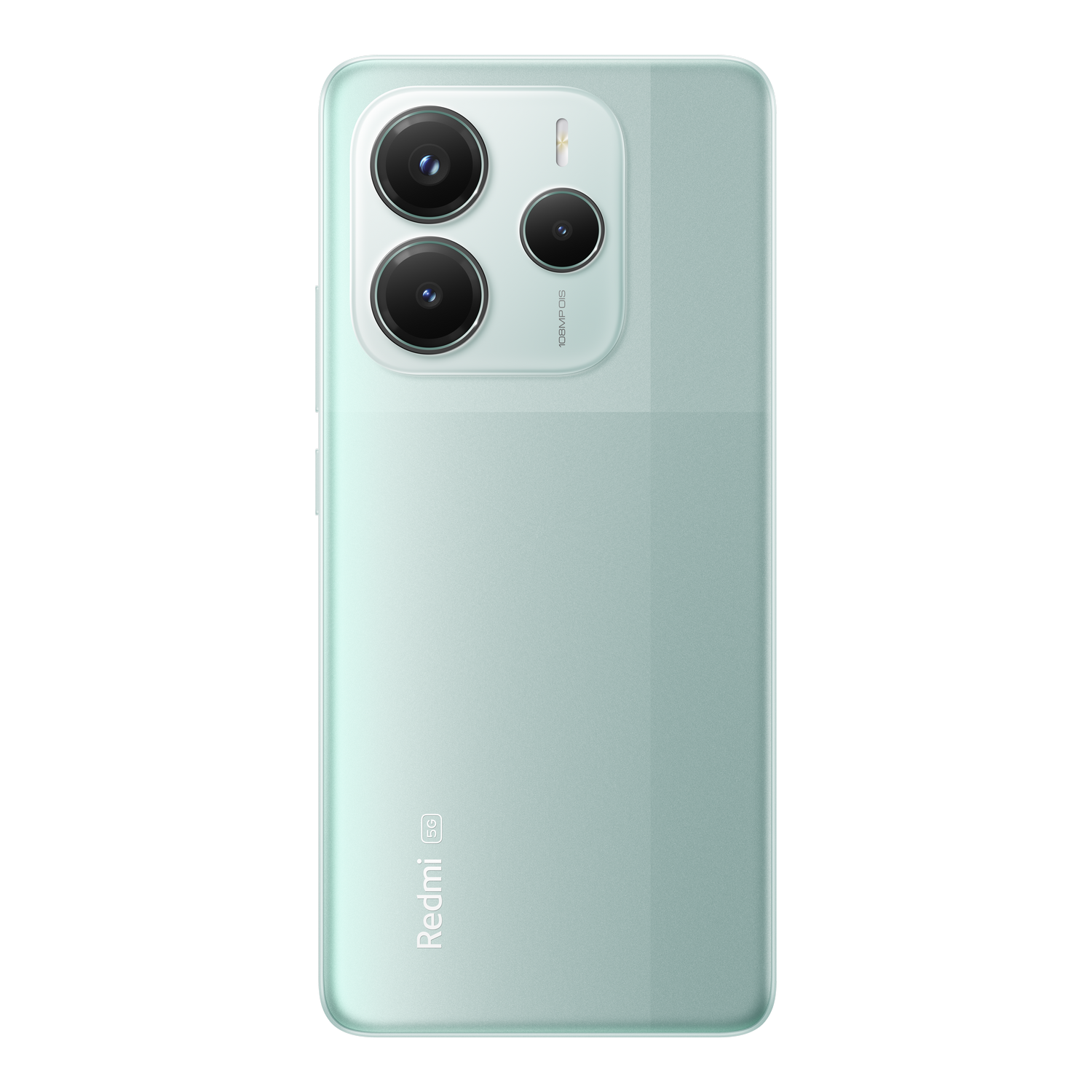 Un smartphone Redmi 5G verde claro. Cuenta con tres cámaras traseras y una parte trasera verde menta.