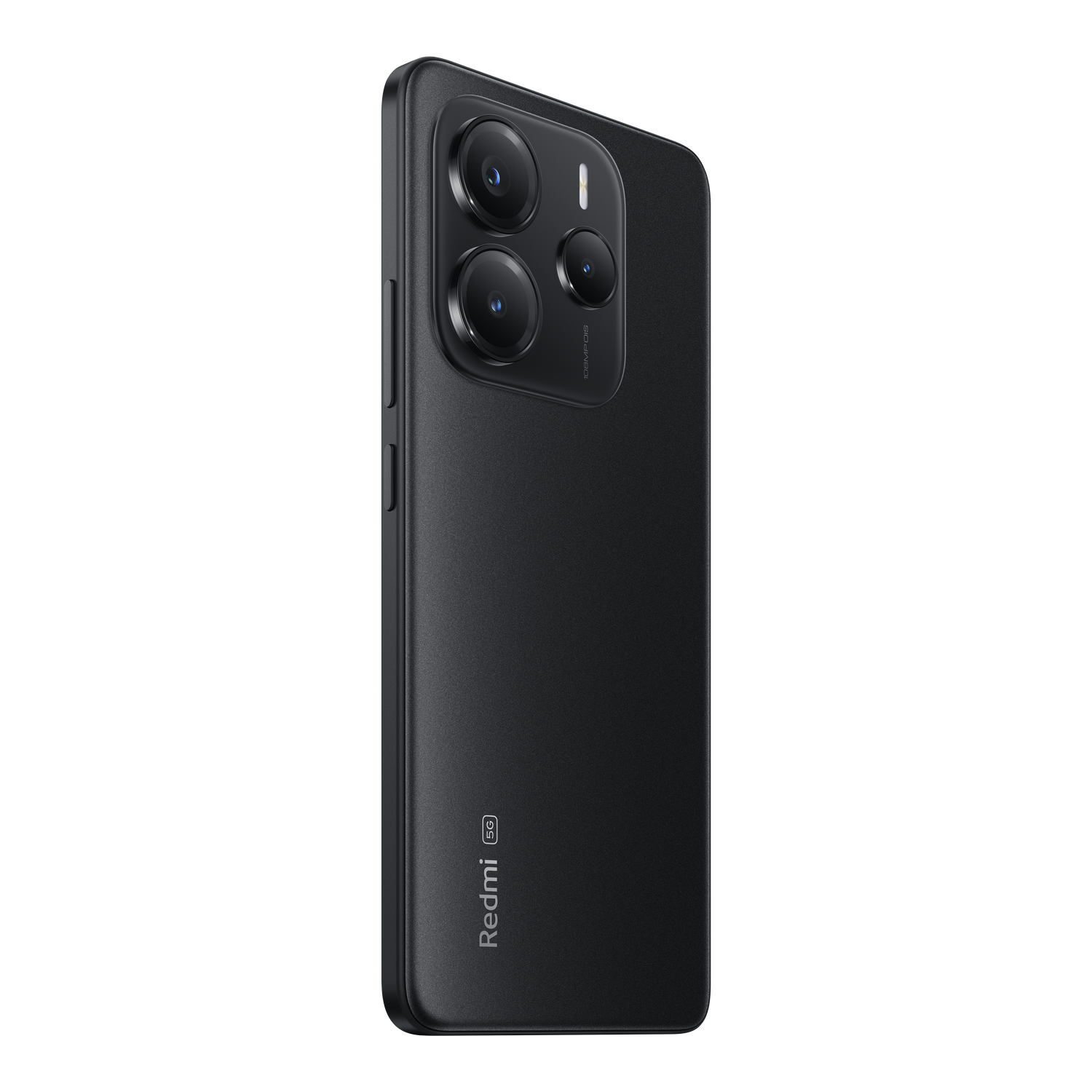 Smartphone negro con tres cámaras en la parte trasera, Redmi 5G en la parte trasera.