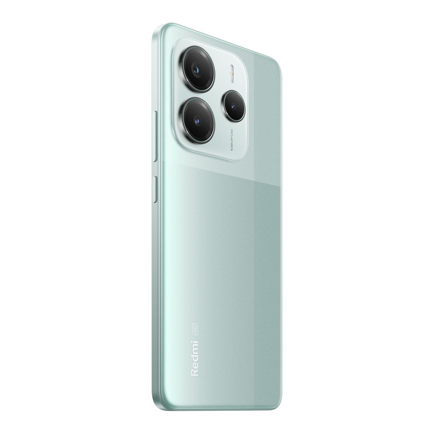 Un teléfono Redmi turquesa con tres cámaras en la parte trasera. Fondo negro.