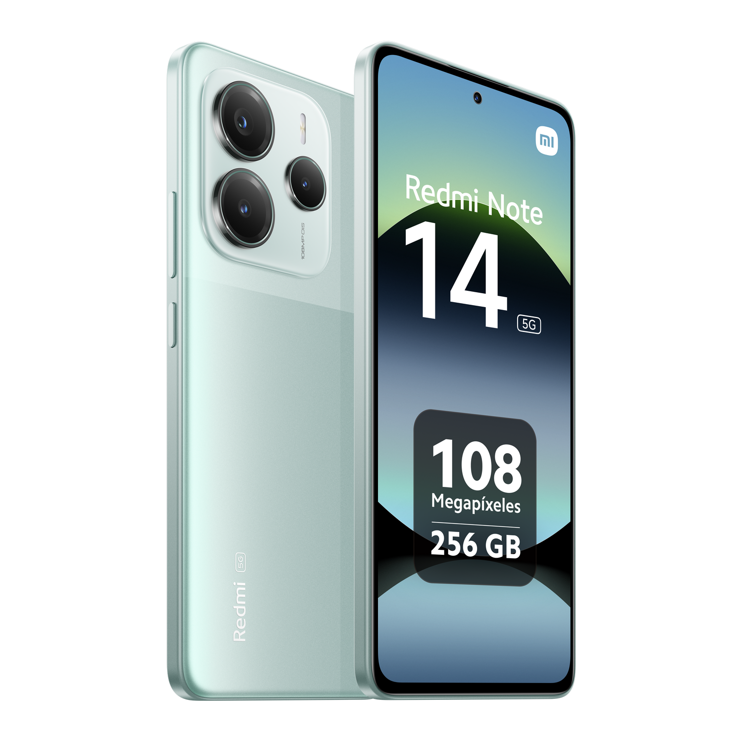 Teléfono Redmi Note 14 5G color menta con 108MP y 256GB en pantalla.