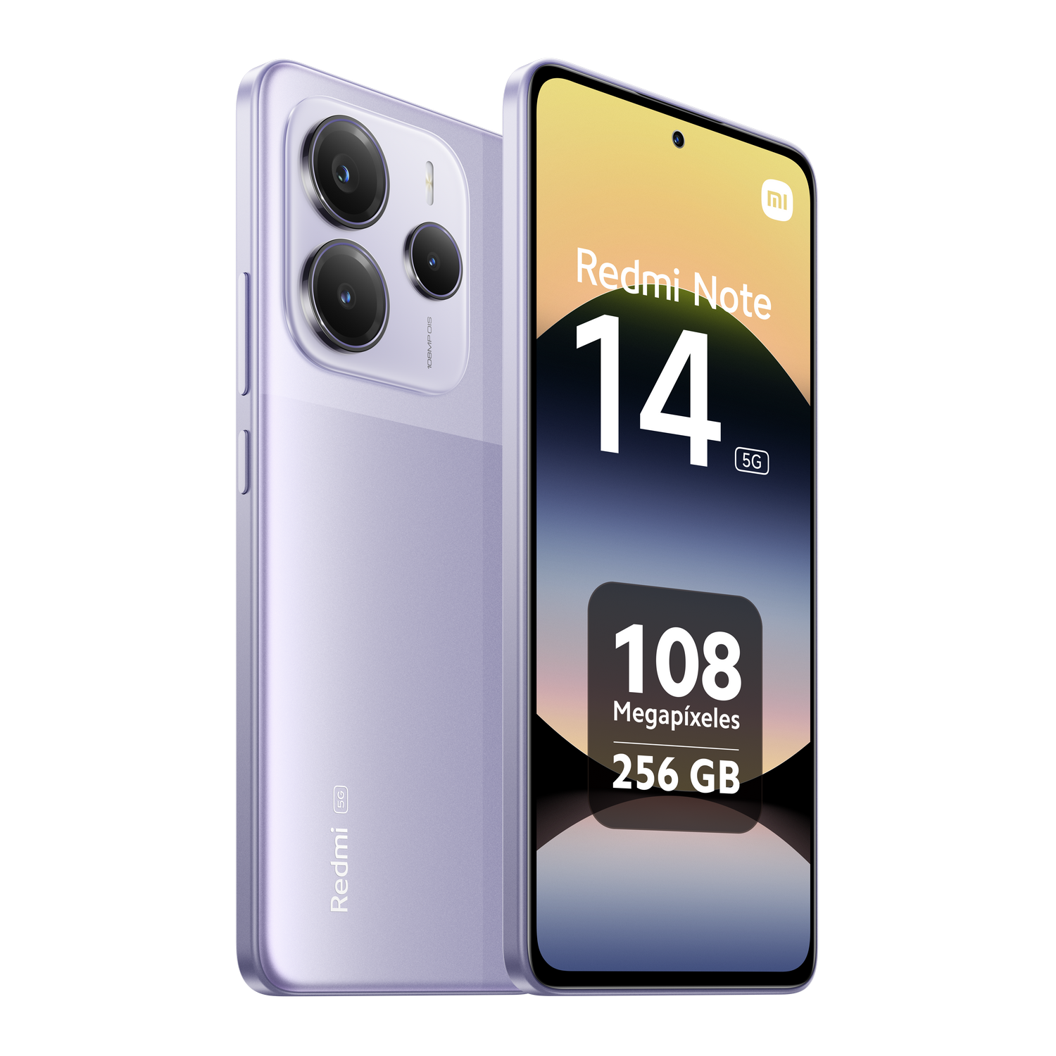 Teléfono Redmi Note 14 con tres cámaras y pantalla que muestra las funciones del teléfono.