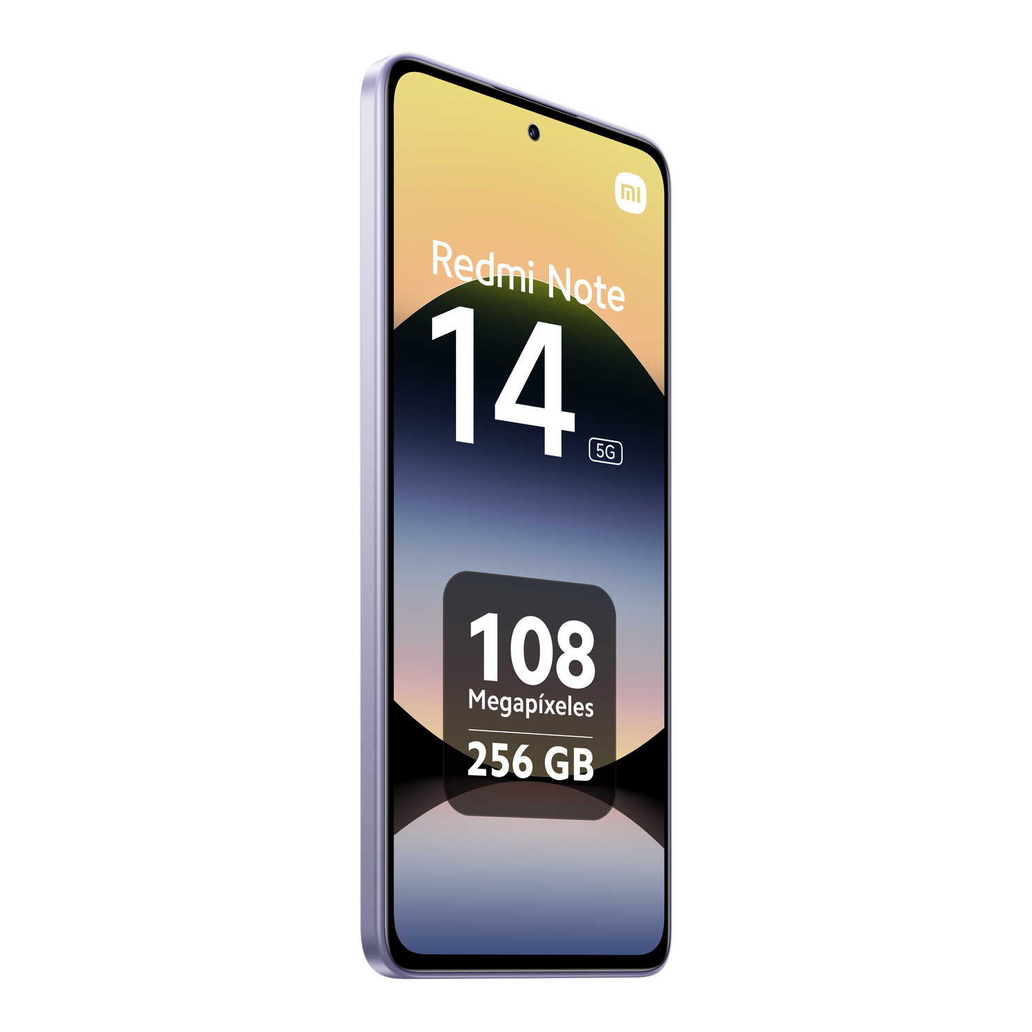 Smartphone Redmi Note 14 5G sobre un fondo blanco. Pantalla muestra interfaz y texto.