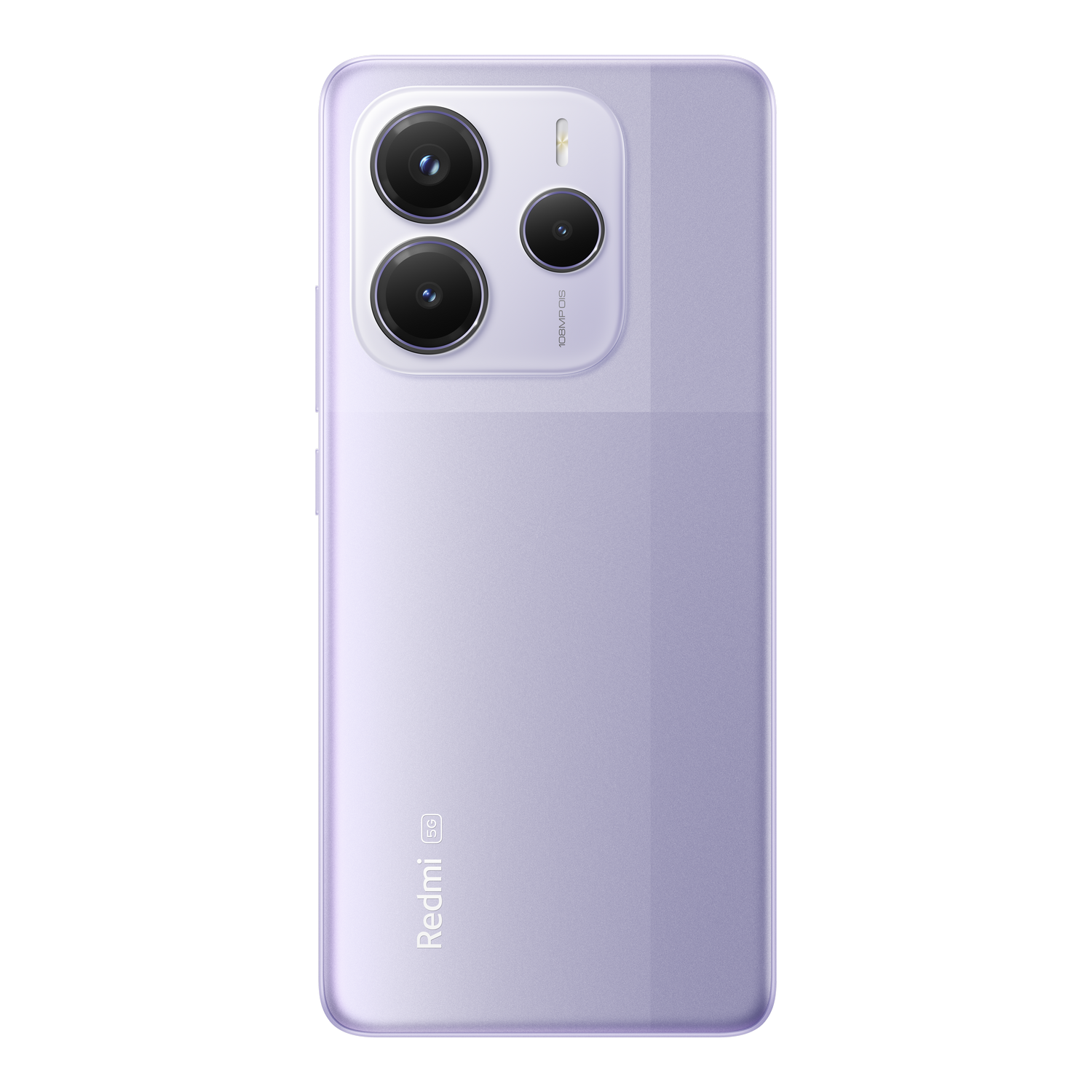 La parte trasera de un teléfono inteligente Redmi 5G púrpura con tres lentes de cámara. El teléfono está sobre un fondo negro.