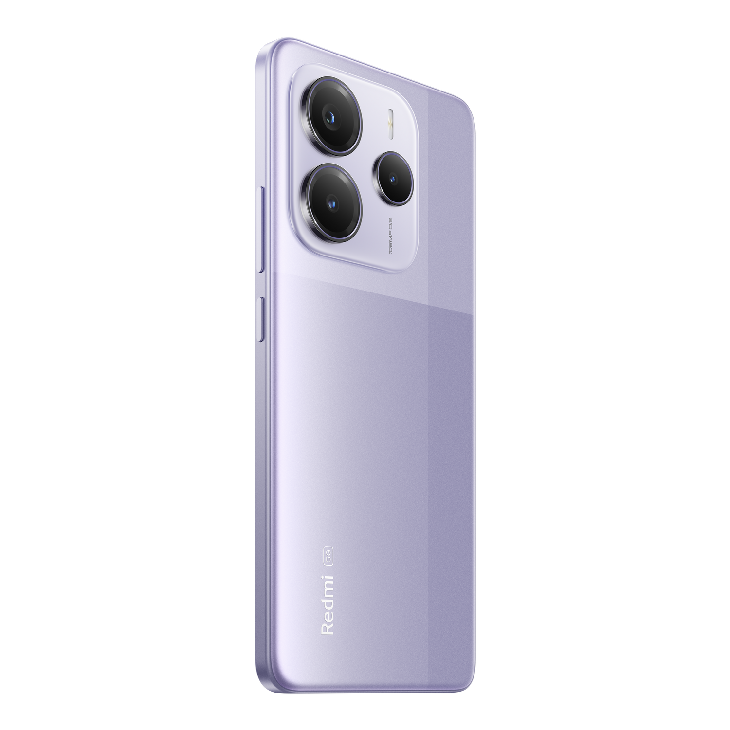 Parte trasera púrpura de un teléfono con tres lentes de cámara. El teléfono tiene bordes redondeados y un fondo negro.