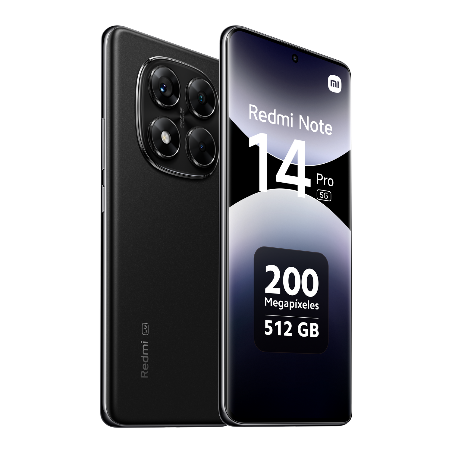 Teléfono negro Redmi Note 14 Pro 5G con doble pantalla, 200 megapíxeles y 512 GB de almacenamiento sobre fondo negro.