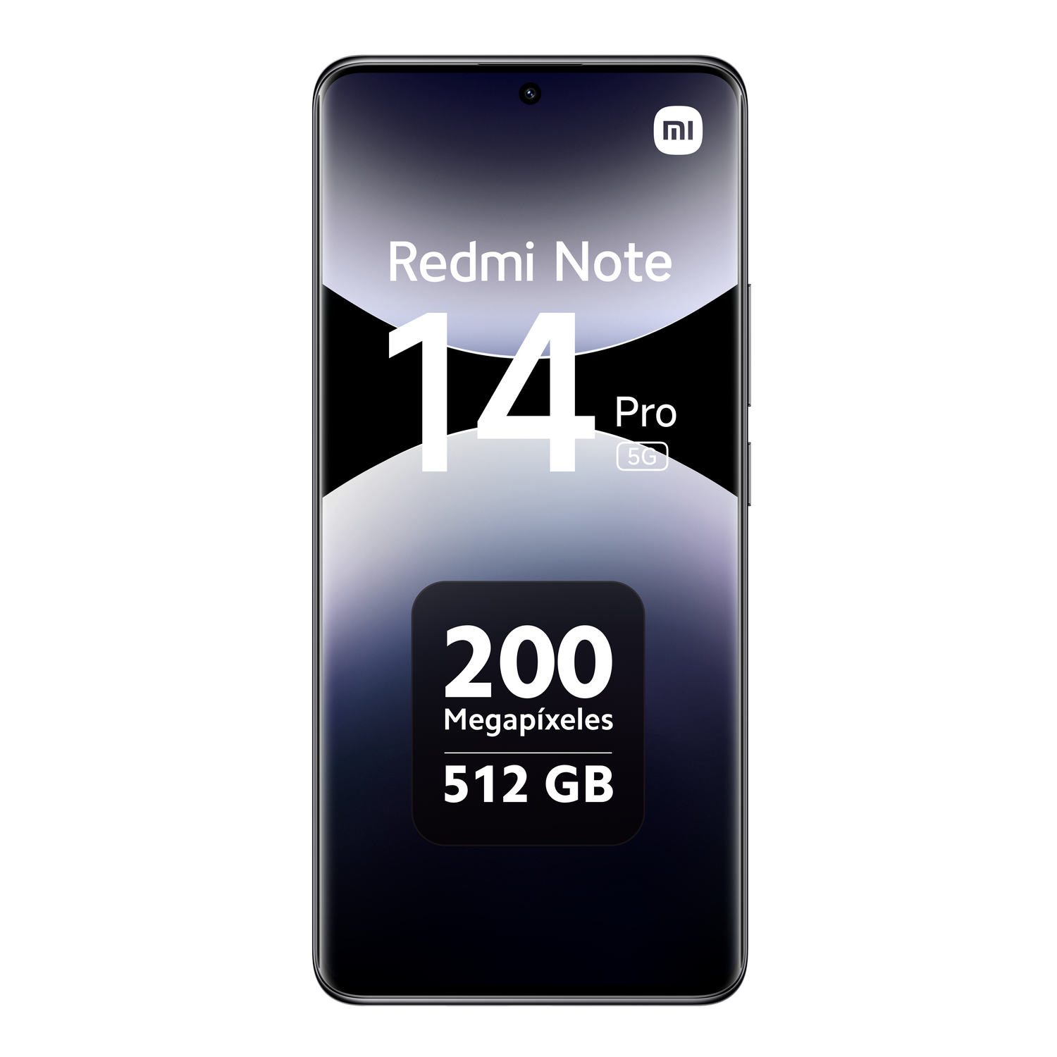 Un smartphone Redmi Note 14 Pro 5G sobre un fondo negro. La pantalla muestra información.