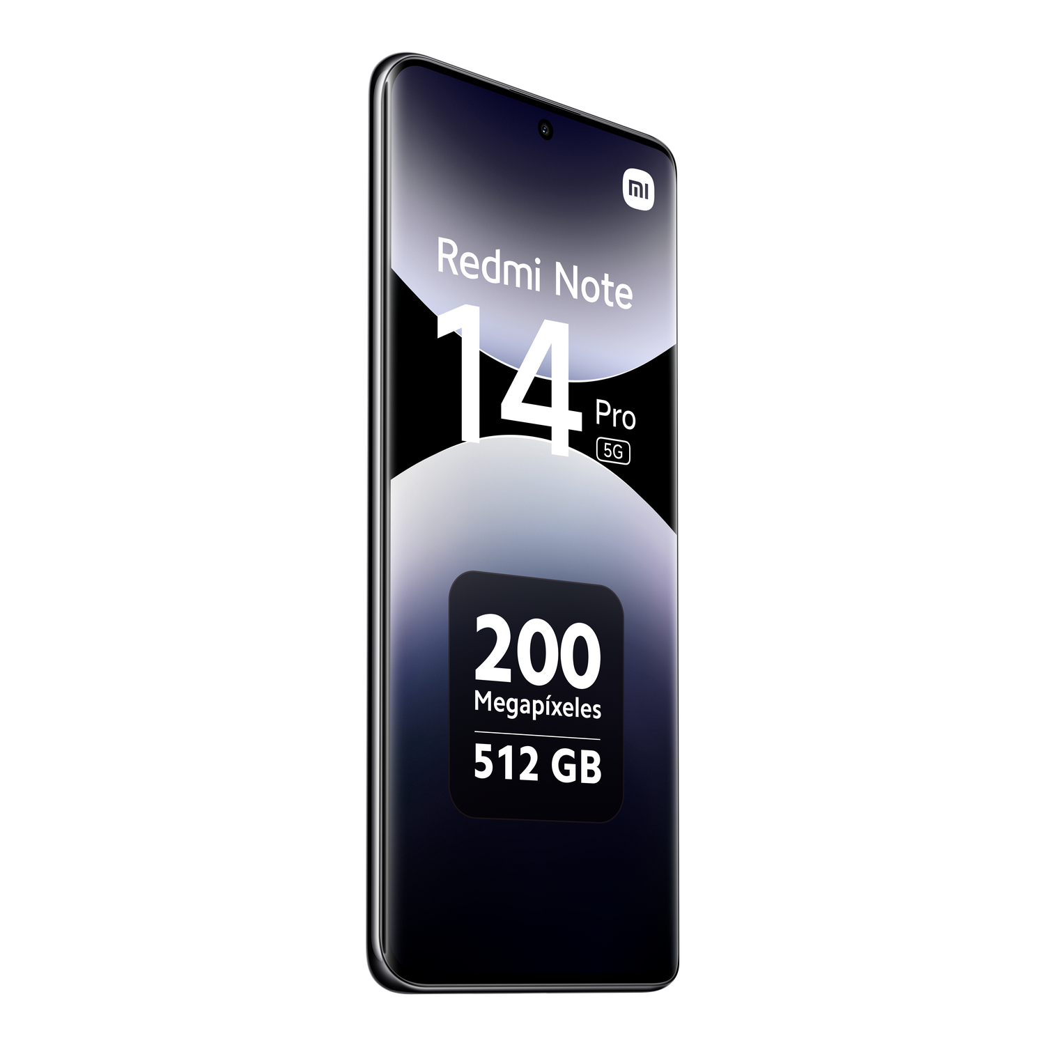 Teléfono Redmi Note 14 Pro 5G con pantalla grande. Texto: 200 megapíxeles, 512 GB.