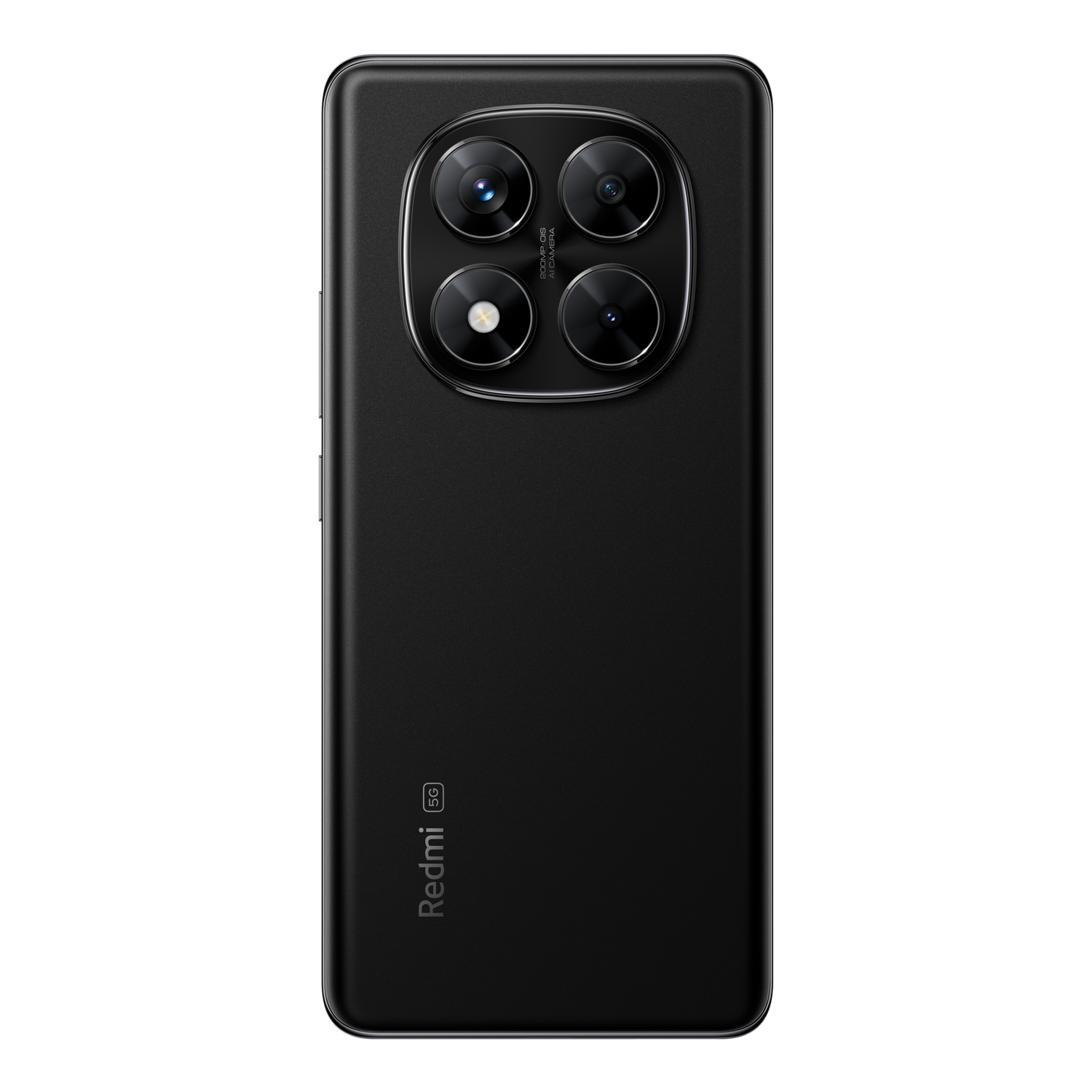 Parte trasera de teléfono negro con cuatro cámaras y logo Redmi. Fondo negro.