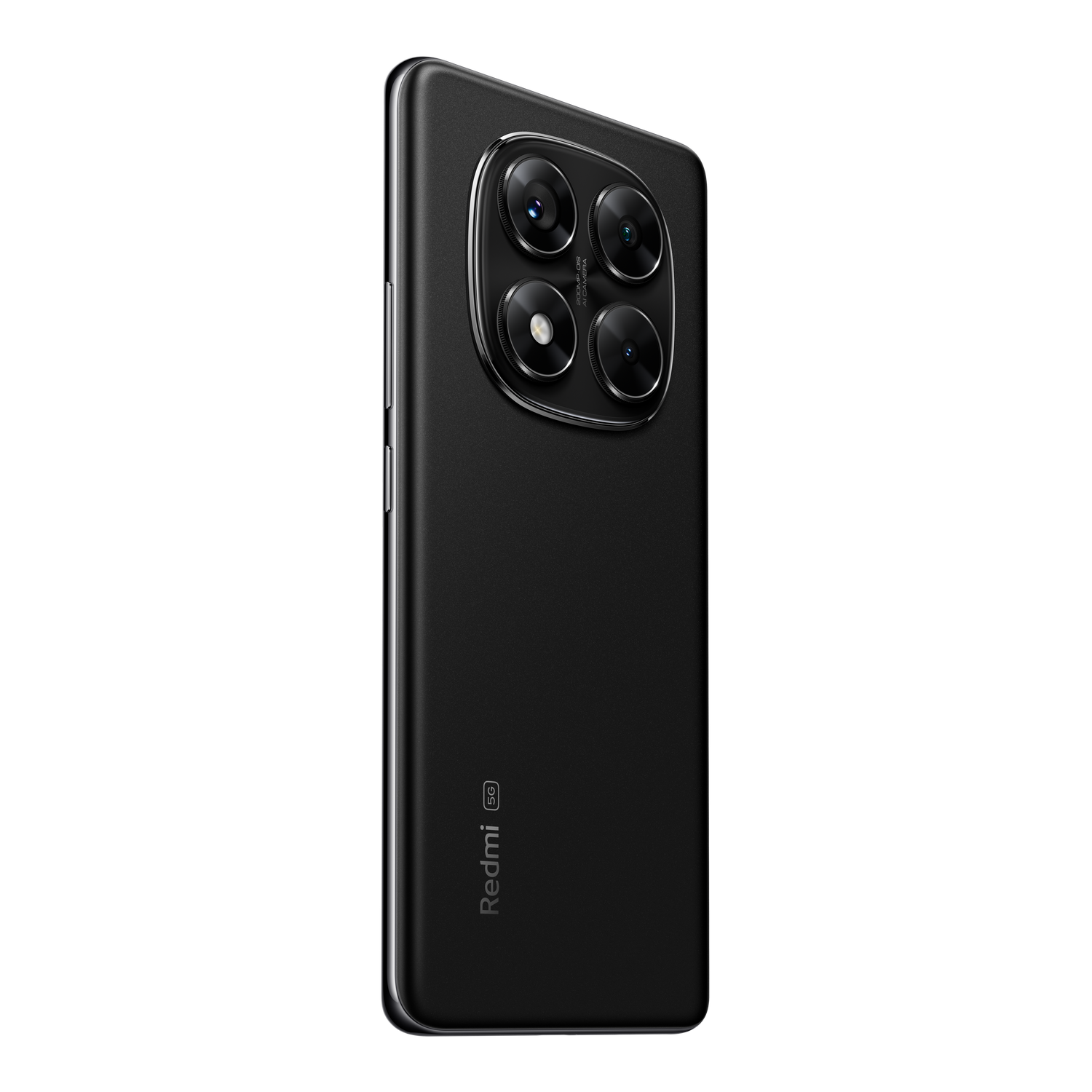 Smartphone negro con un módulo de cámara. Se ven cuatro lentes, con un logotipo de redmi 5G.