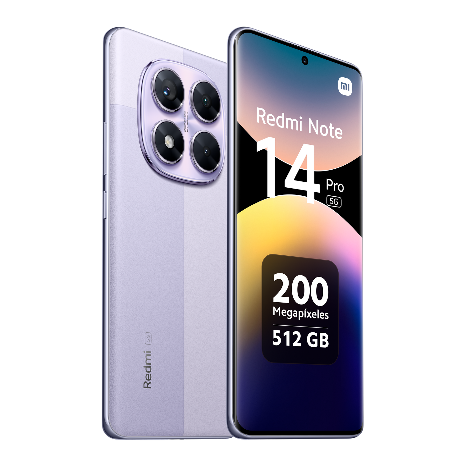 Un teléfono morado con configuración de cámara de triple lente y pantalla con texto.