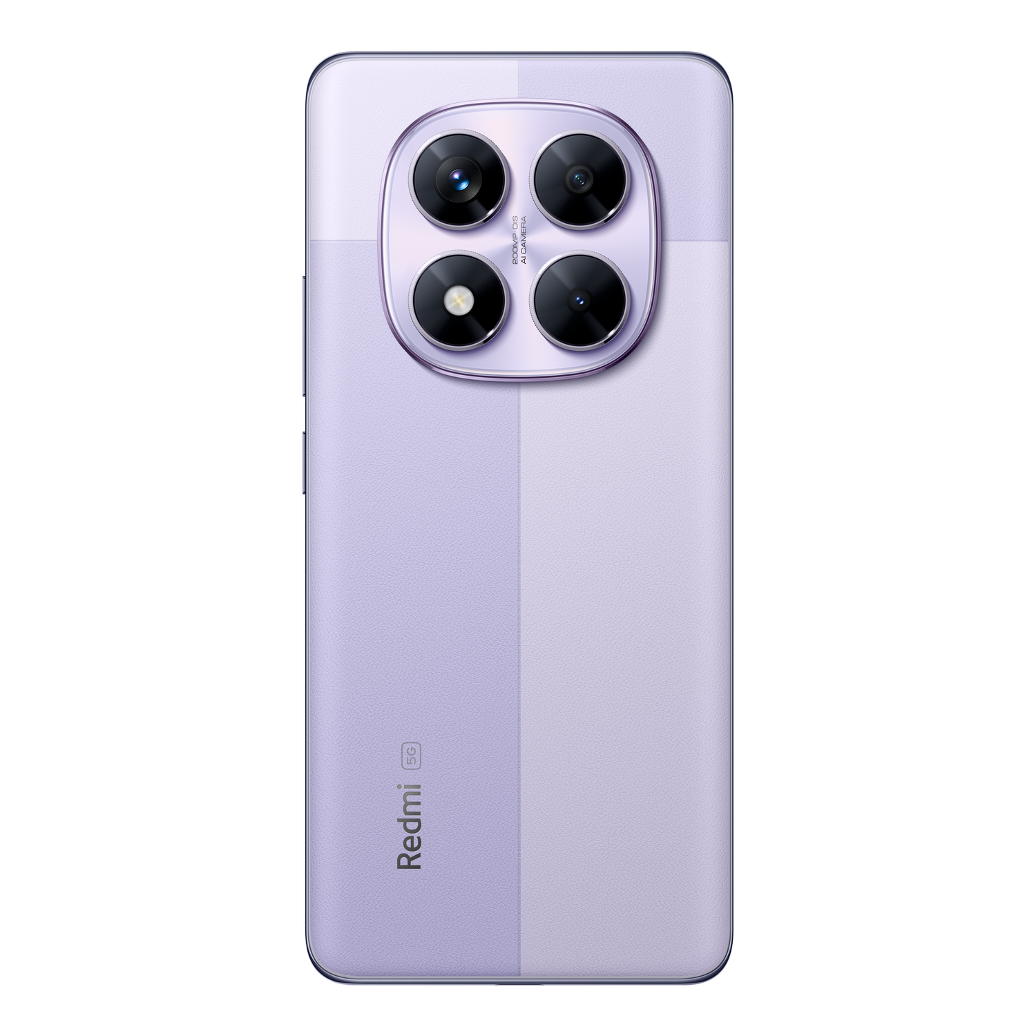 Parte trasera de teléfono morado. Cuatro cámaras, logo 5G y marca Redmi. Diseño bicolor, color lila claro.