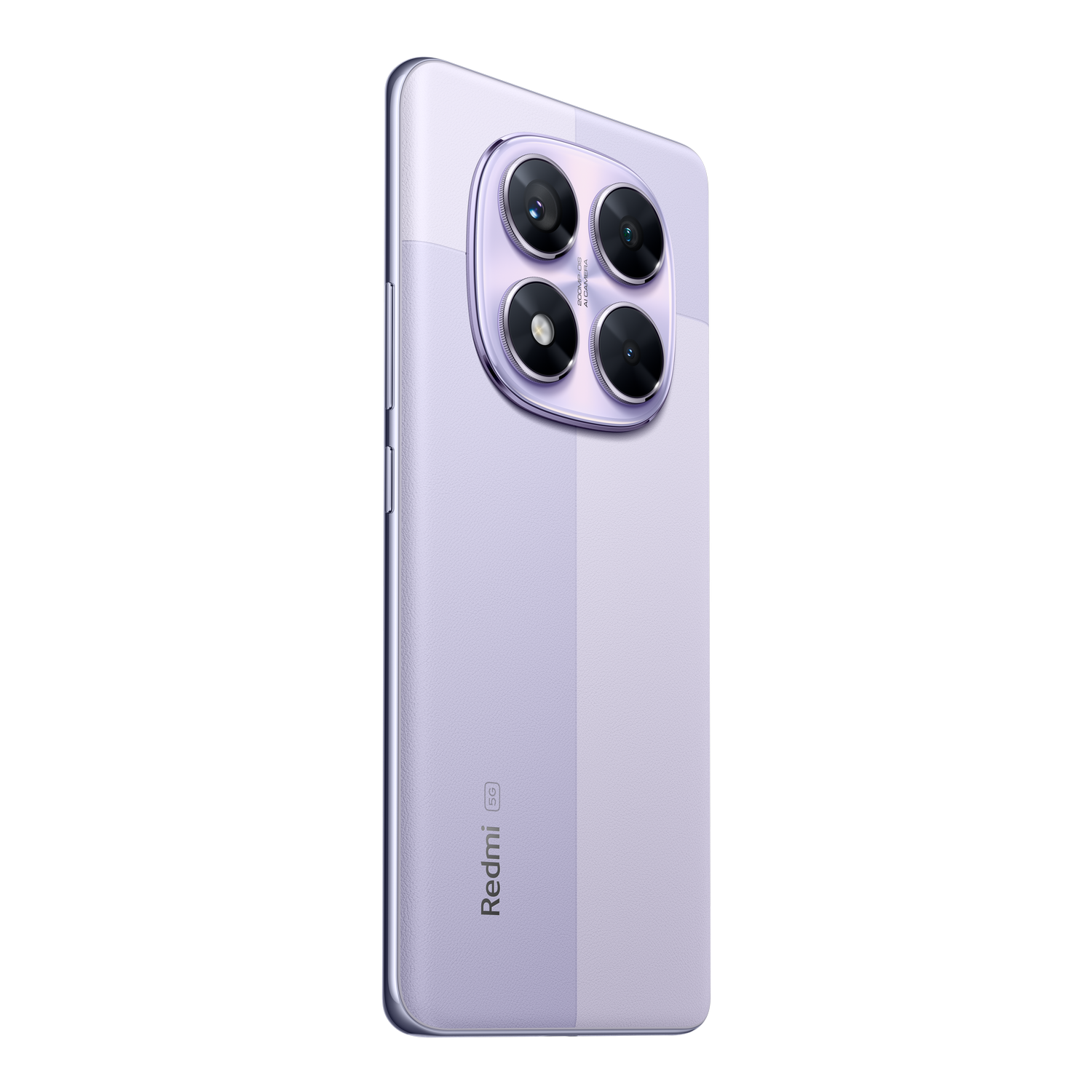 Parte trasera de un smartphone morado con configuración de cámara cuádruple y el logo de Redmi.