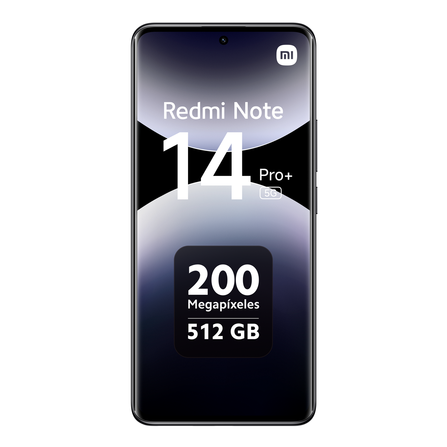 Teléfono Redmi Note 14 Pro+. Muestra pantalla con texto para megapíxeles y almacenamiento.