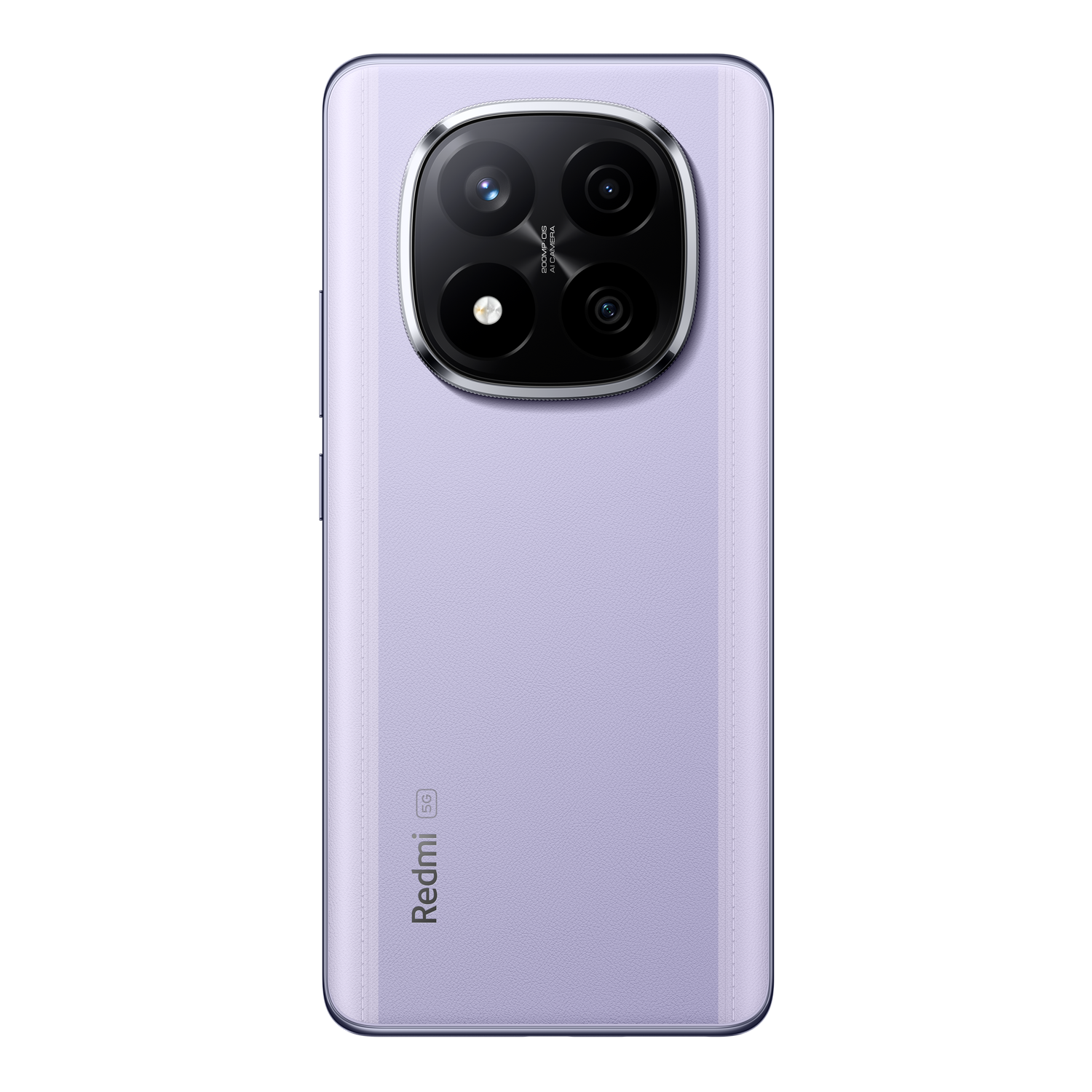 Teléfono morado con un módulo de cámara grande. La parte trasera tiene un logotipo de Redmi.