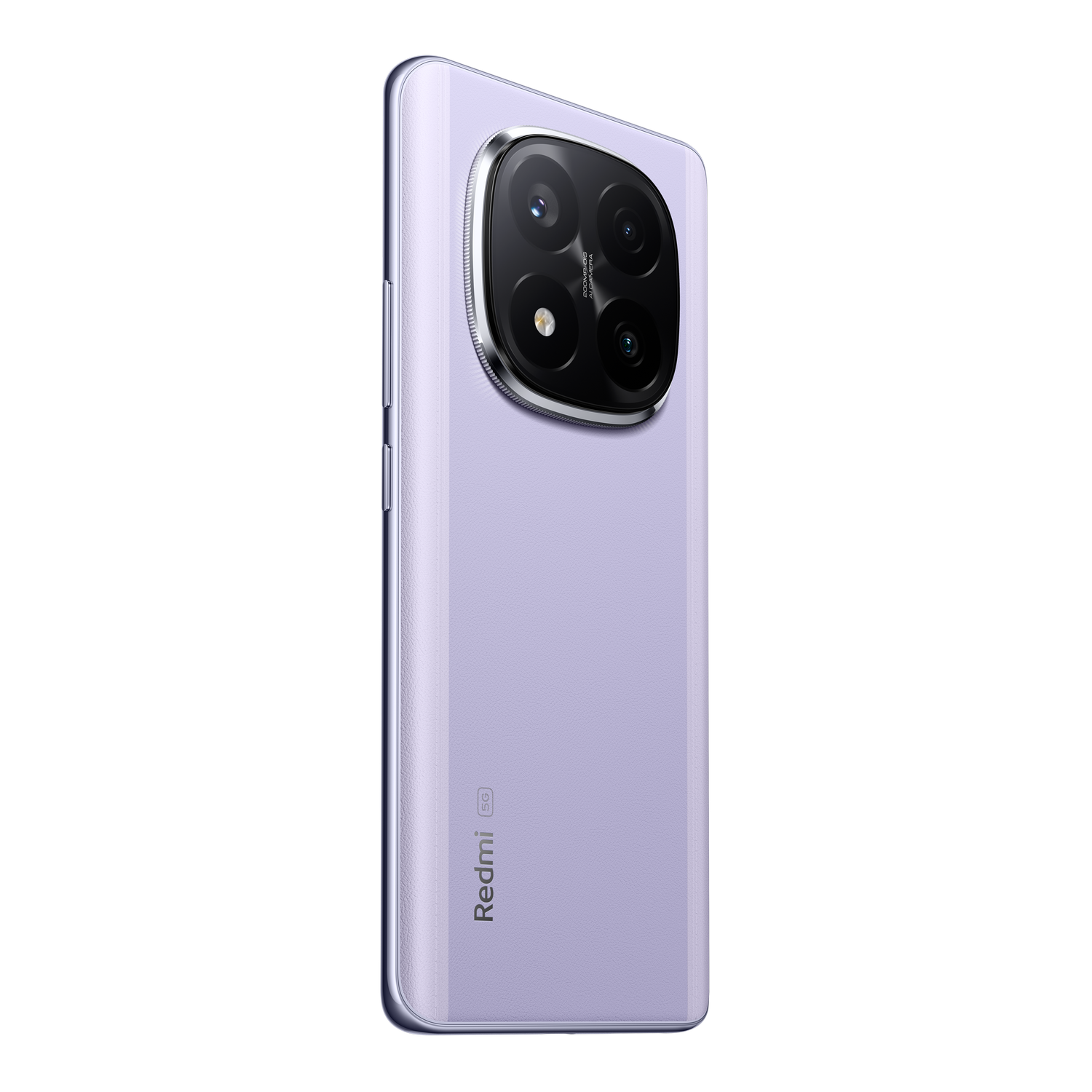 Teléfono inteligente morado con gran módulo de cámara, fondo negro. Logotipo de Redmi abajo.