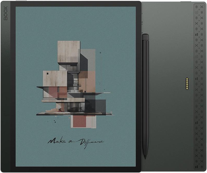Une tablette BOOX noire avec un stylet, affichant un design de bâtiment moderne.