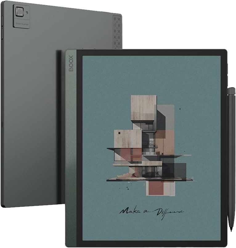 Tablette au design moderne. L'arrière est gris et l'écran affiche un dessin avec le texte 'Make a Difference'.