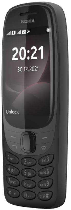 Czarny telefon Nokia wyświetlający godzinę i datę. Posiada klawiaturę i ekran.