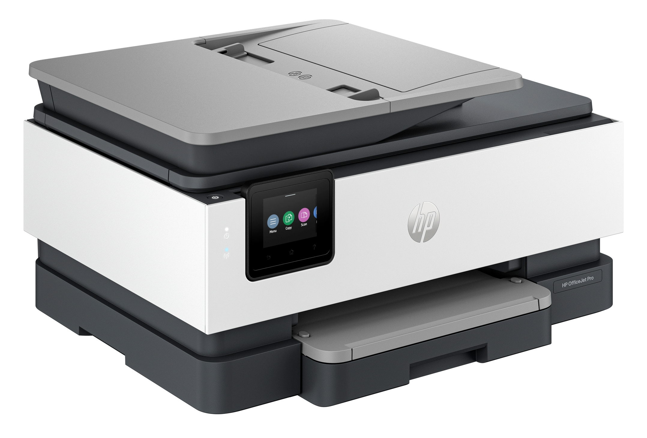 Biało-szara drukarka HP z ekranem dotykowym. Znajduje się na białym tle. Drukarka jest nowa.