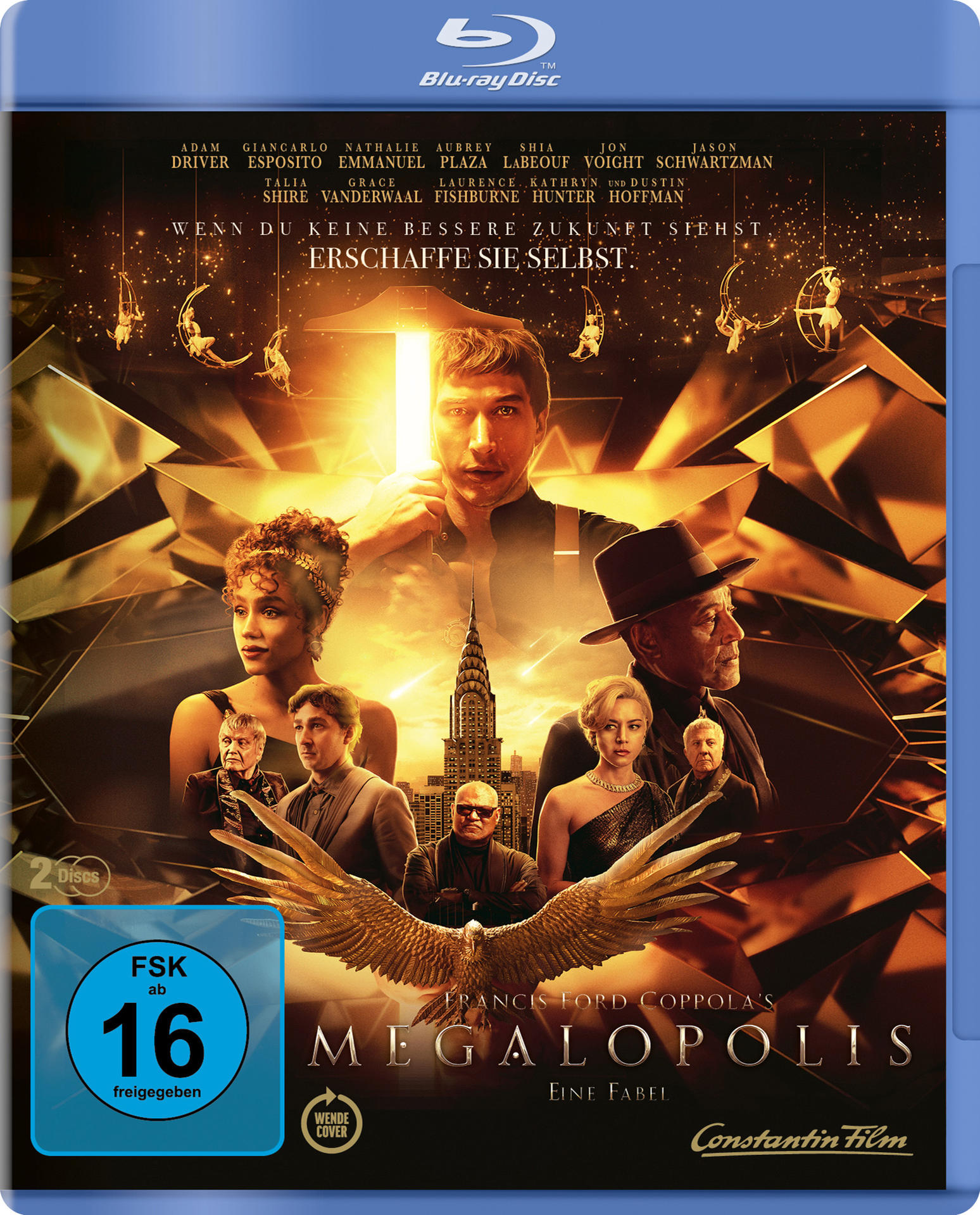Blu-ray-Disc-Cover mit mehreren Gesichtern. Der Titel lautet 'MEGALOPOLIS'. Ein blaues und goldenes Farbschema.