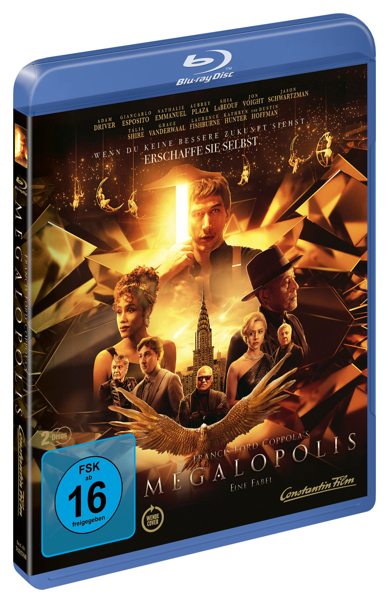 Blu-ray-Disc des Films Megalopolis. Mehrere Schauspieler auf dem Cover. Filmplakat.