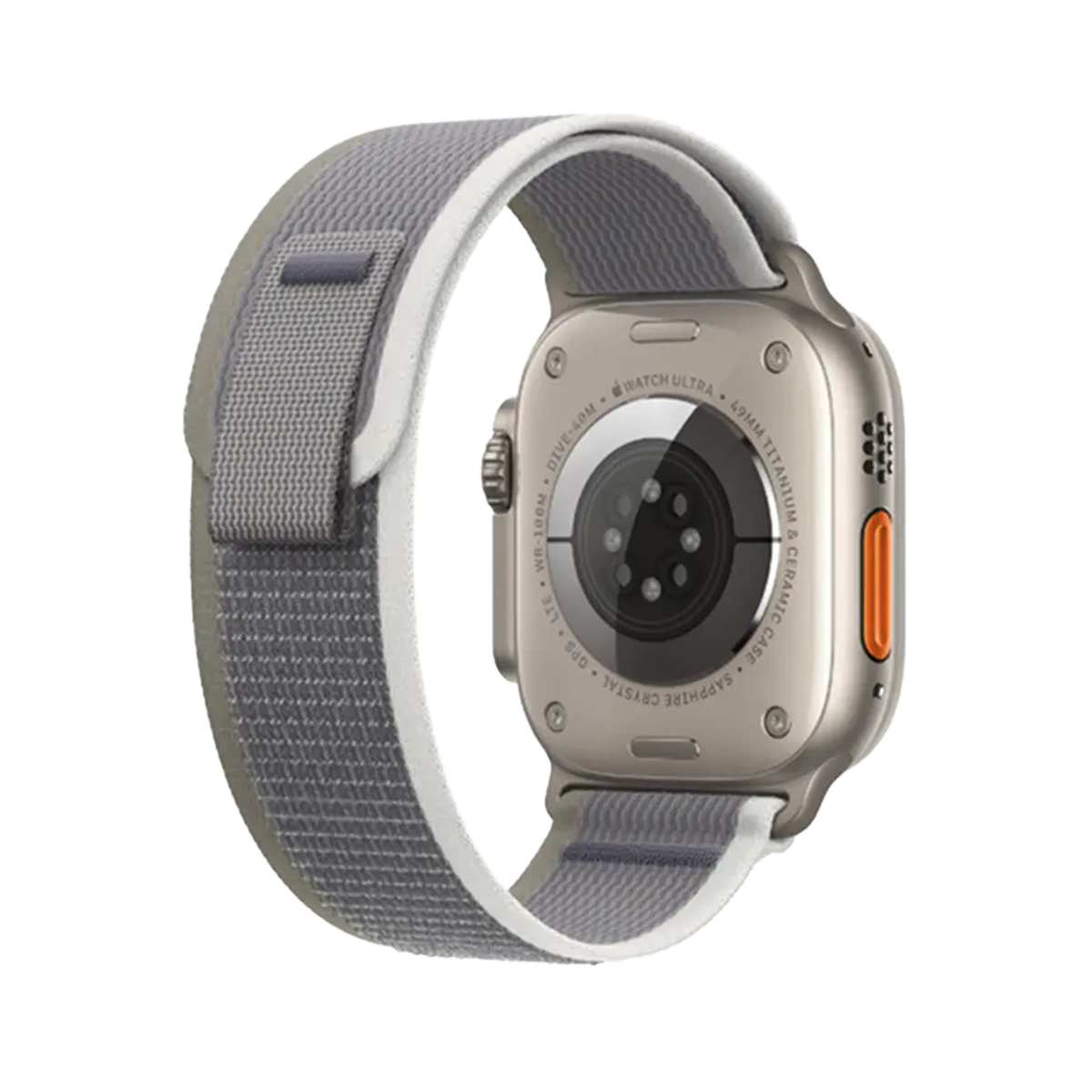 Gri ve beyaz kayışlı Apple Watch Ultra'nın arka görünümü. Turuncu düğmeli gümüş kasa.