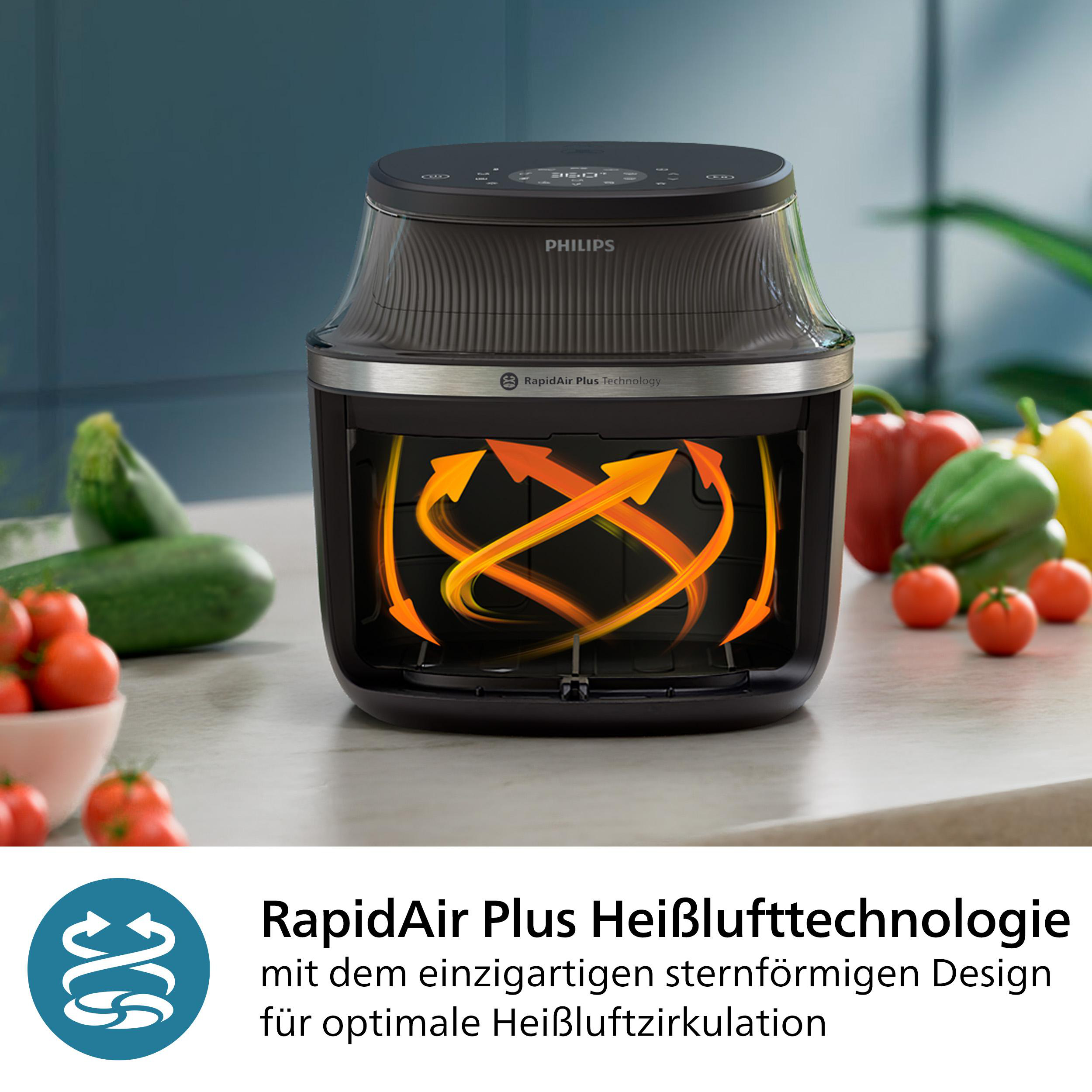 Schwarze Heißluftfritteuse mit transparentem Deckel. Pfeile innen. Gemüse im Hintergrund.
