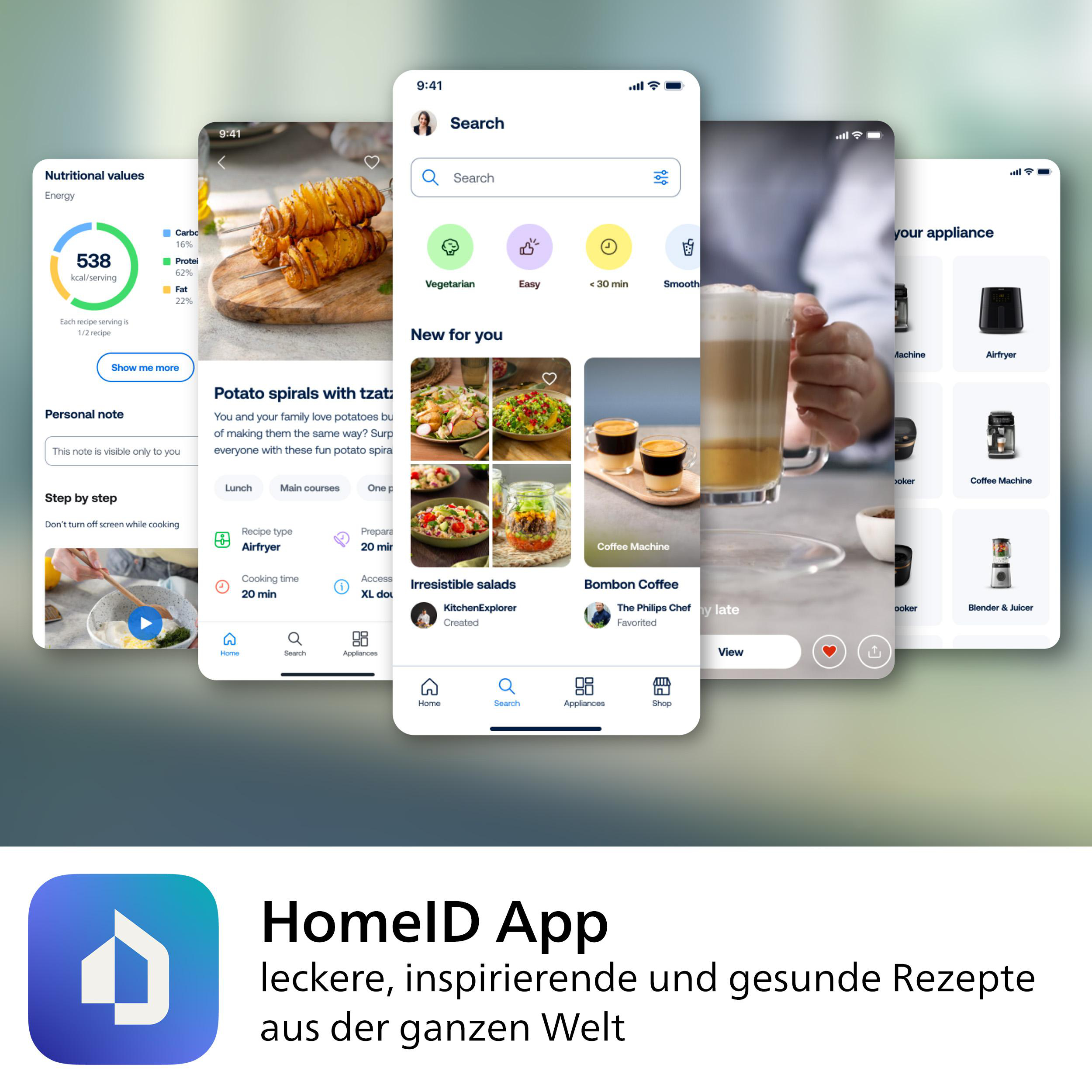 Smartphone-App-Oberfläche mit mehreren Bildschirmen, die Rezeptdetails und Gerätebedienung zeigen.