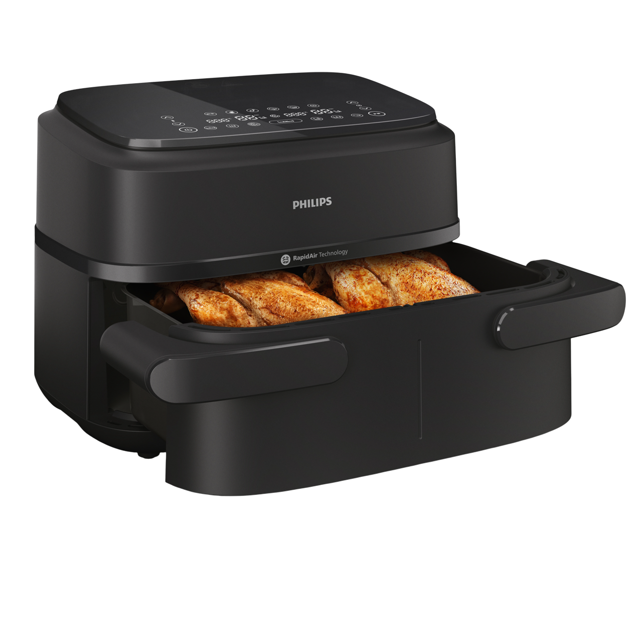 Schwarze Philips Heißluftfritteuse mit geöffneter Lebensmittelschale, Hähnchen.