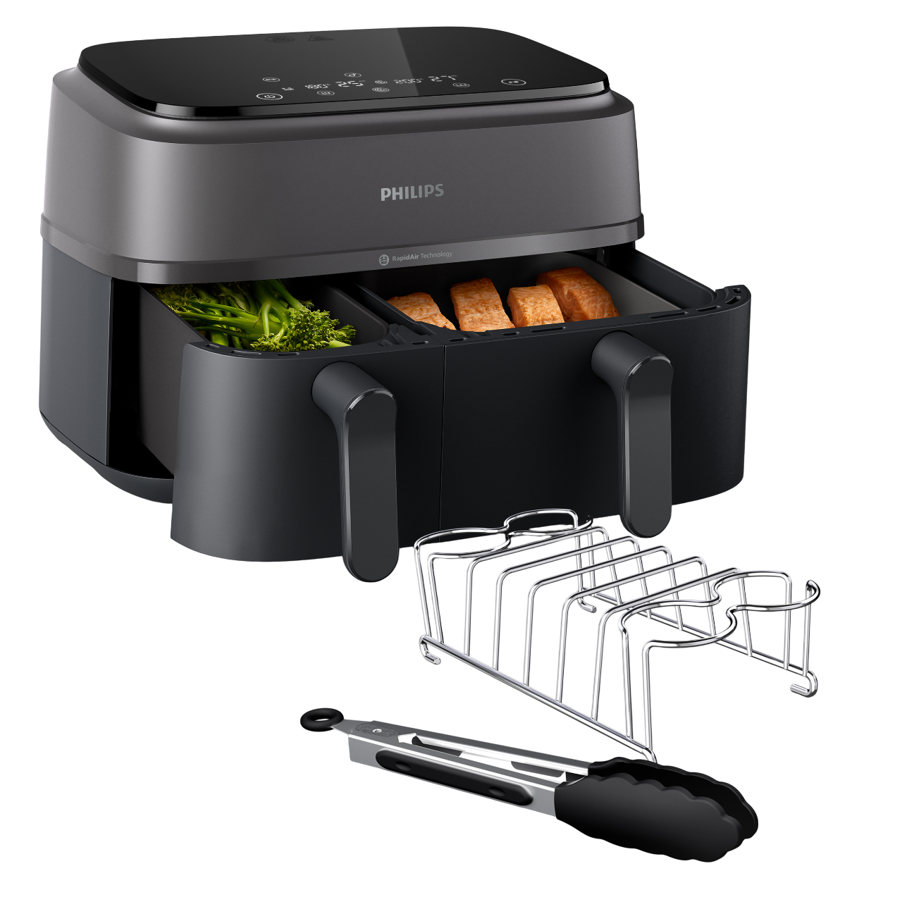 PHILIPS NA350/03 Heißluftfritteuse mit zwei Körben inkl. Frühstücksset (HD9921/00) 9 l, 2750 Watt, Grau