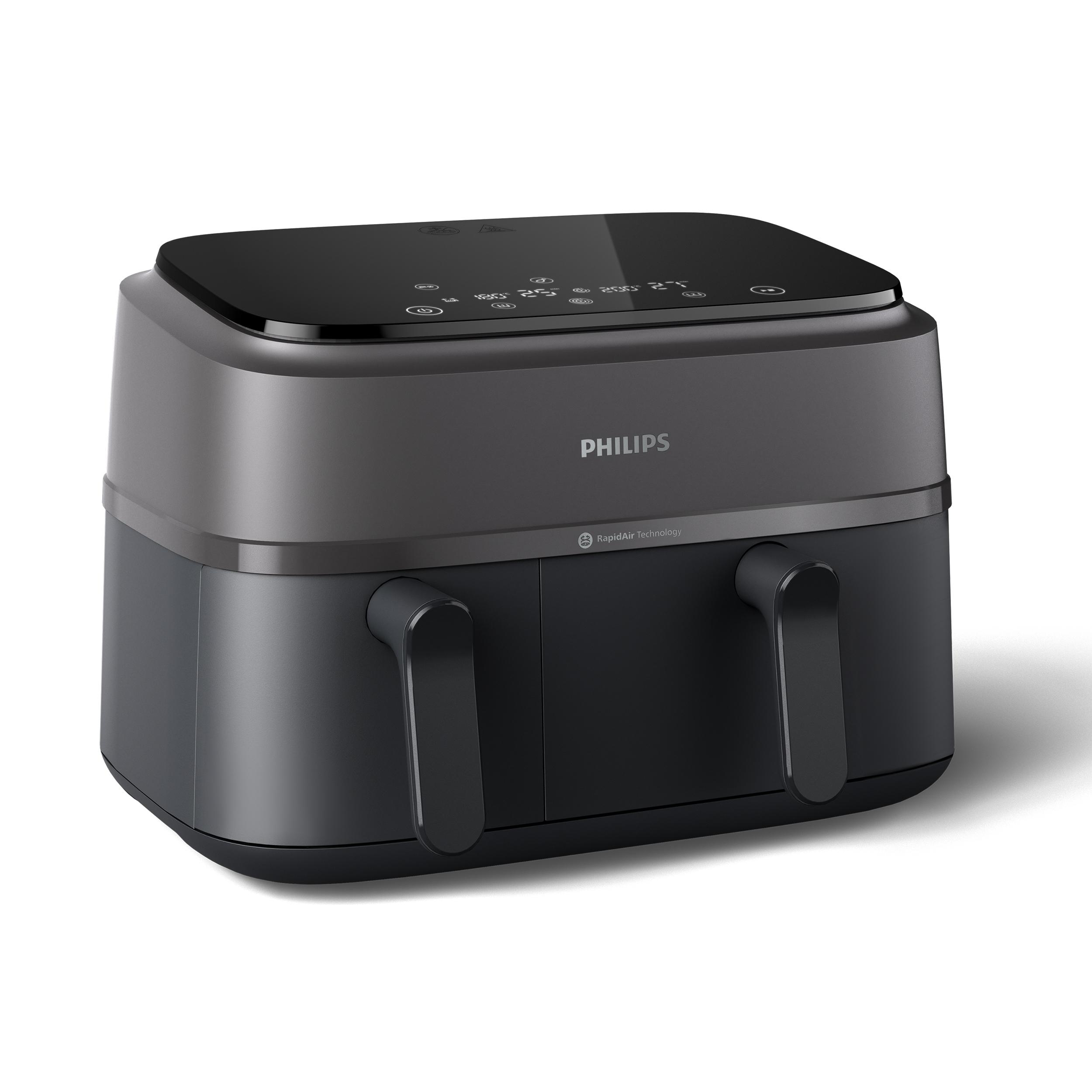 Schwarz-graue Philips Heißluftfritteuse mit zwei Fächern und Griffen.