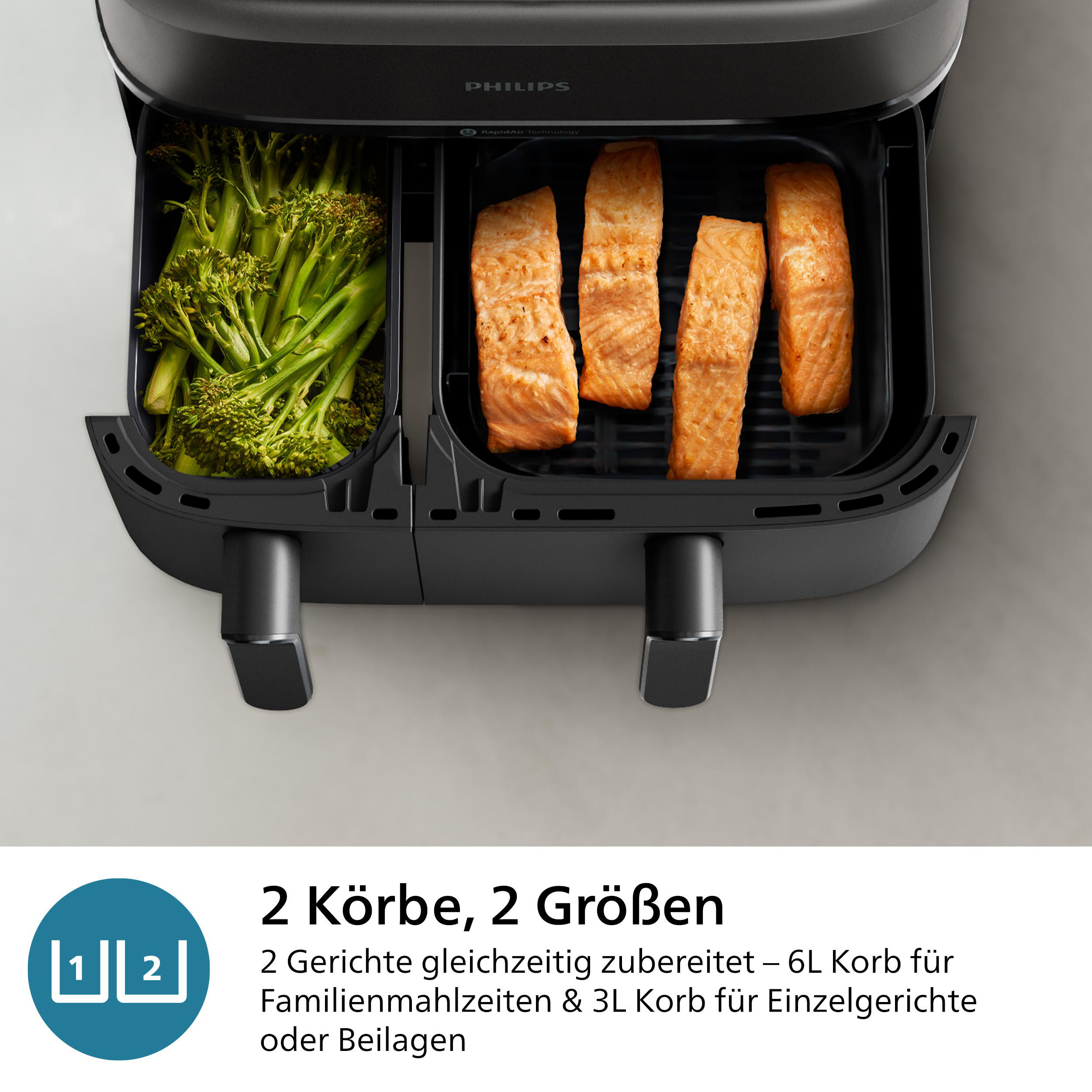 Schwarze Philips Heißluftfritteuse mit zwei Fächern. Eines hat Brokkoli, das andere Lachsfilets.