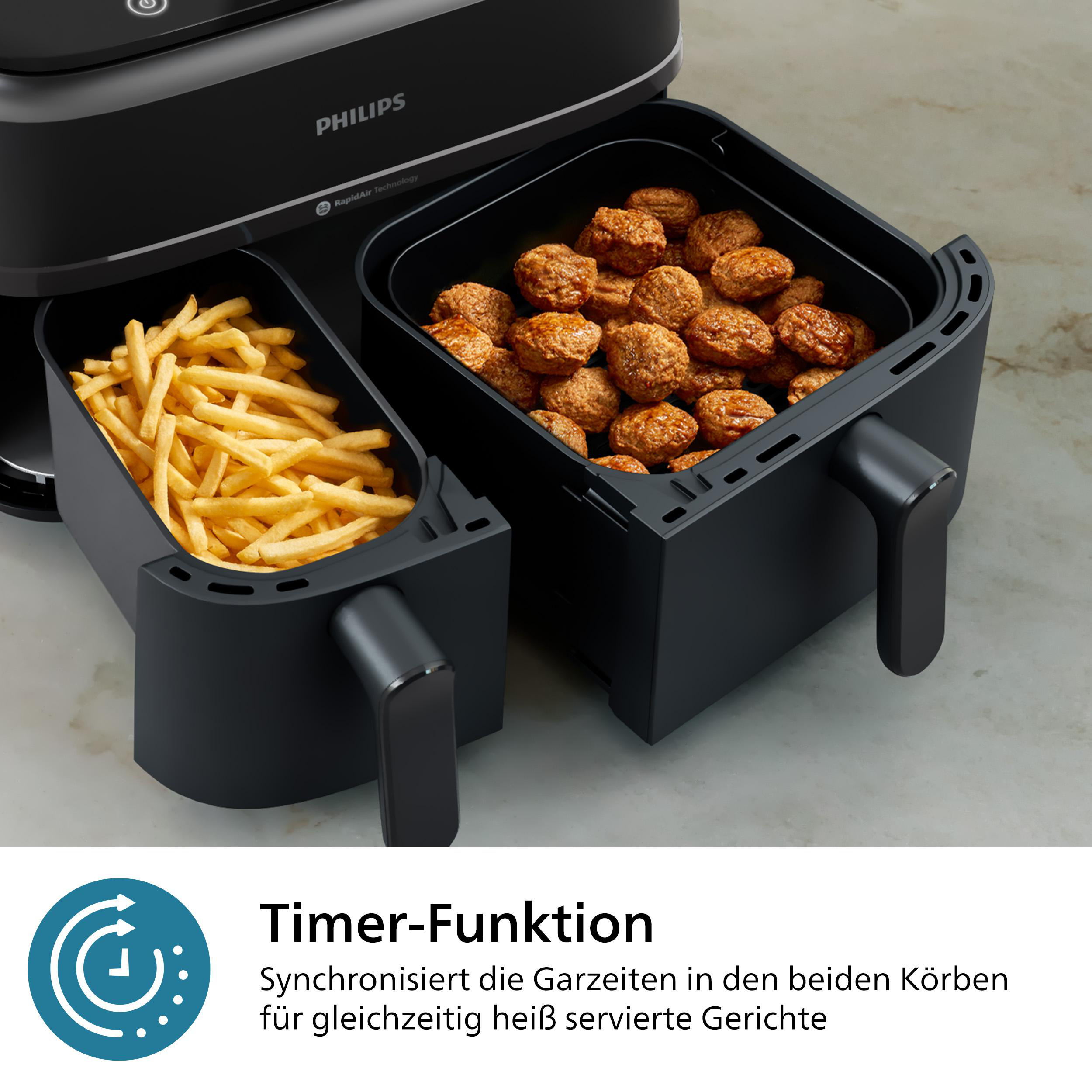 PHILIPS NA350/03 Heißluftfritteuse mit zwei Körben inkl. Frühstücksset (HD9921/00) 9 l, 2750 Watt, Grau