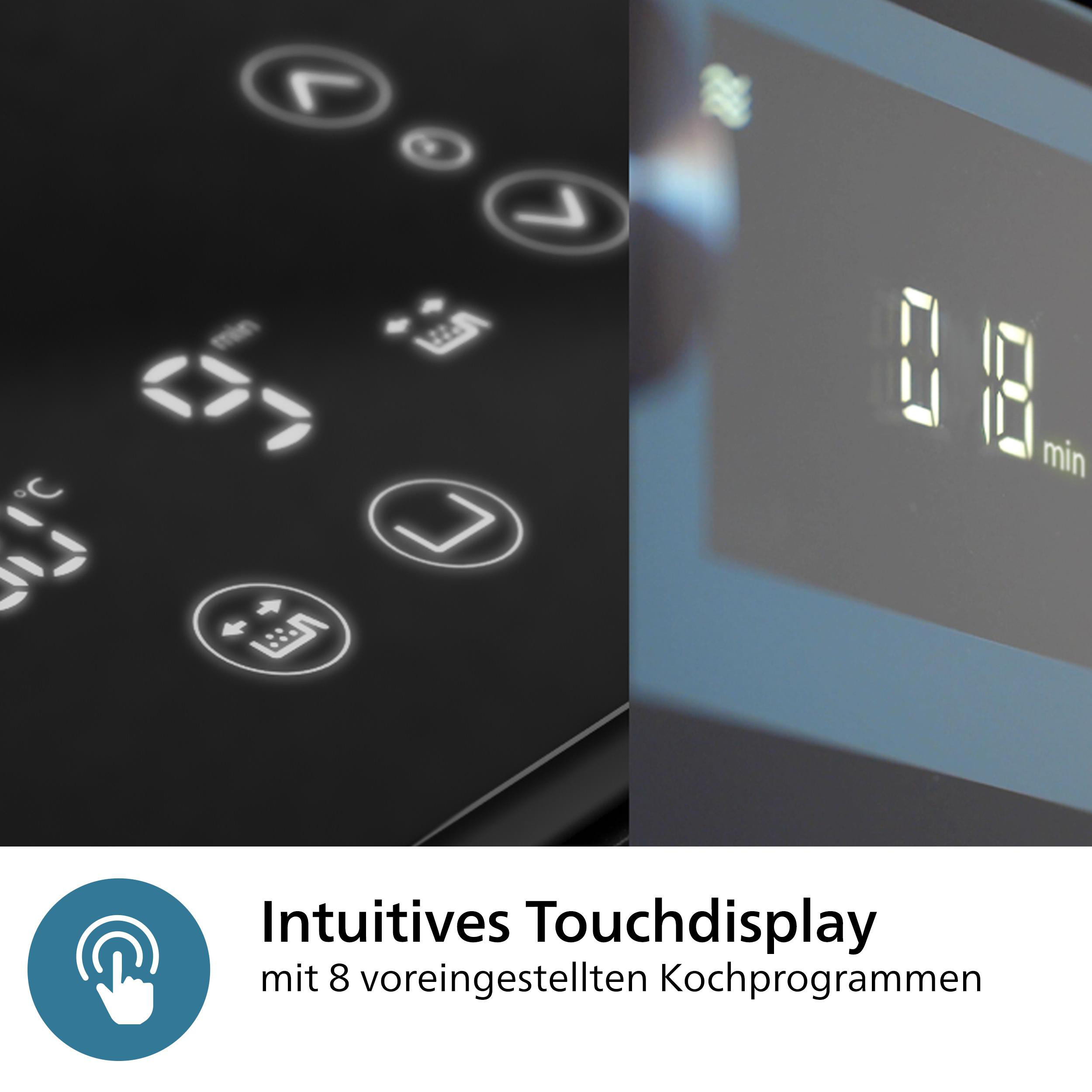 Nahaufnahme eines schwarzen Touch-Displays mit weißen Symbolen und Zahlen, Text: 'Intuitives Touchdisplay'.