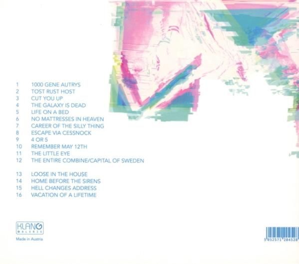 CD-Cover mit farbenfroher abstrakter Kunst und Titelliste auf weißem Hintergrund.