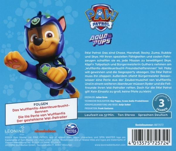 Chase von Paw Patrol in blauer Uniform, mit Text und Logo.