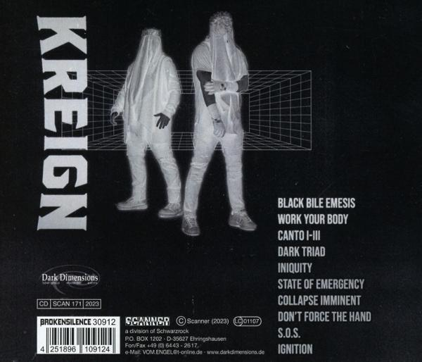 Schwarzes Albumcover mit zwei verhüllten Figuren und Songtiteln. Schwarzer Hintergrund.