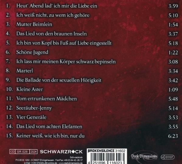 CD-Cover mit Titelliste. Das Cover ist dunkelrot mit weißem Text. Broken Silence-Logo sichtbar.