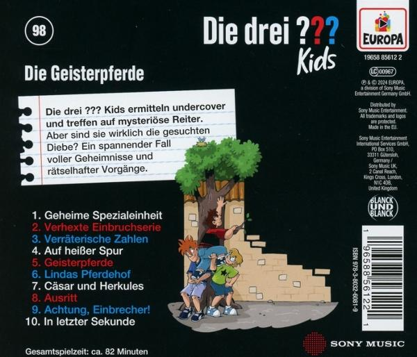Rückseite eines Die drei ??? Kids Buchs mit Illustrationen und Text auf Deutsch.