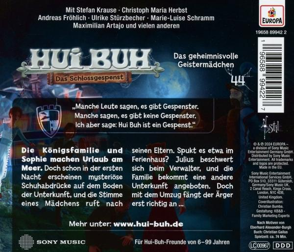 Ein Buchcover für 'Hui Buh'. Zeigt ein Schloss, einen Geist und Text auf Deutsch. Blauer Hintergrund.