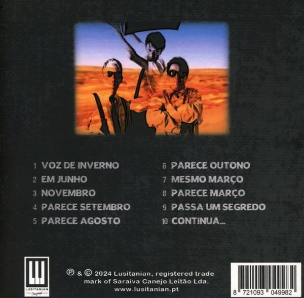 Albumcover mit drei Figuren und portugiesischen Titeln.