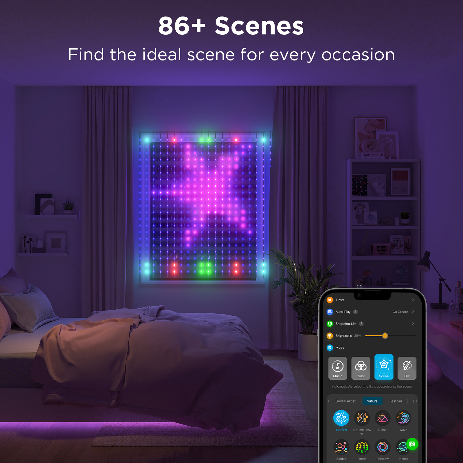 Ein Raum mit intelligenten Lichtern, einem Weihnachtsbaum und einem Telefon mit App-Oberfläche. Gemütliche Atmosphäre.