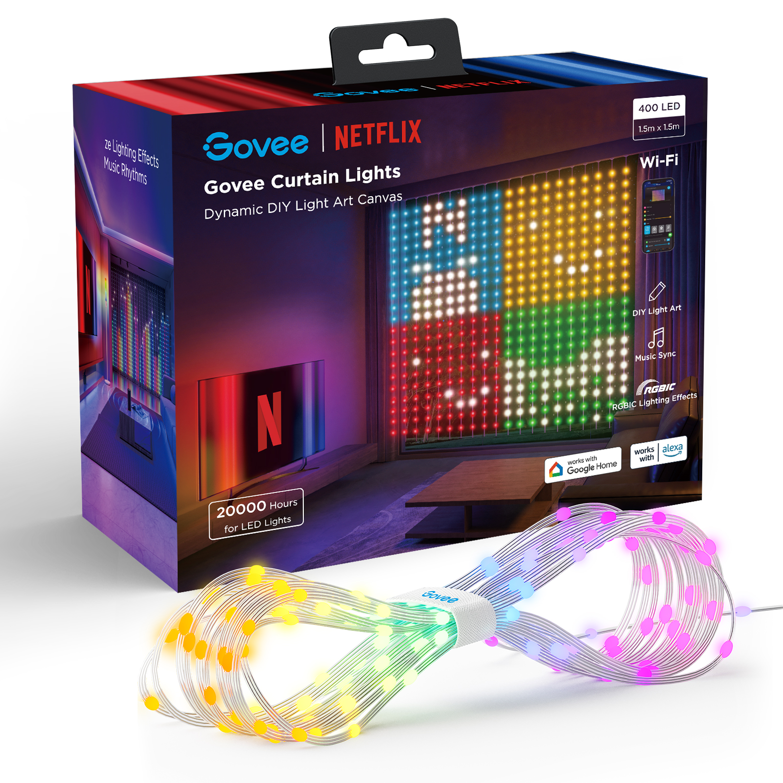 Box mit Govee- und Netflix-Branding. Lichtstränge befinden sich vor der Box.