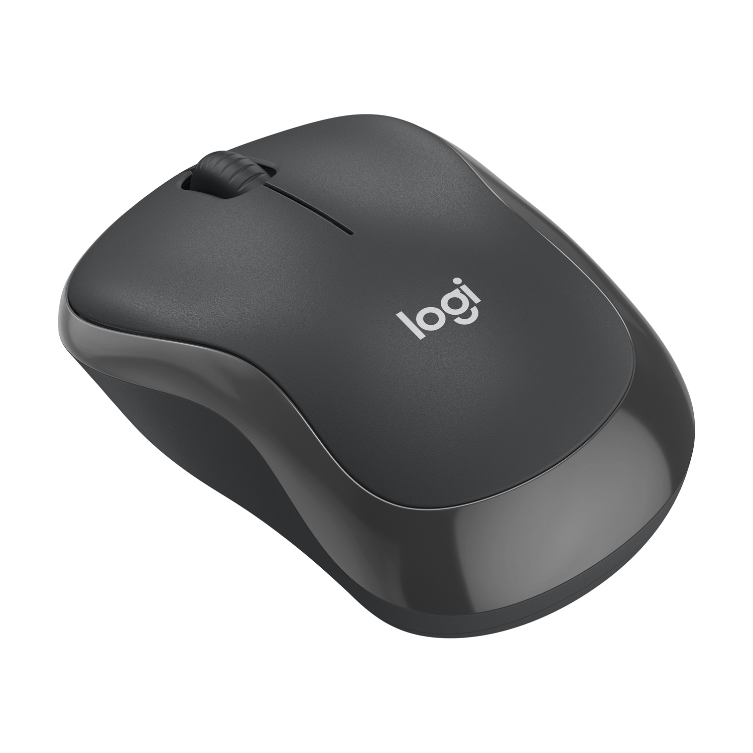 Un mouse wireless grigio scuro con rotella di scorrimento e logo 'logi'.